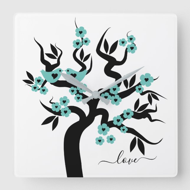 Relógio Quadrado Teal, Black Love bird cherry tree e blossomes (Frente)