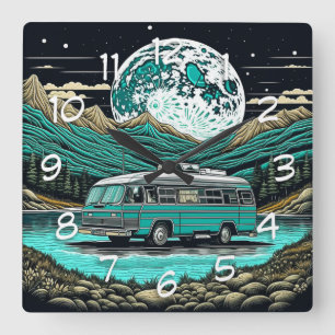 Relógio Quadrado Teal Vintage RV Camper na Montanha Retro