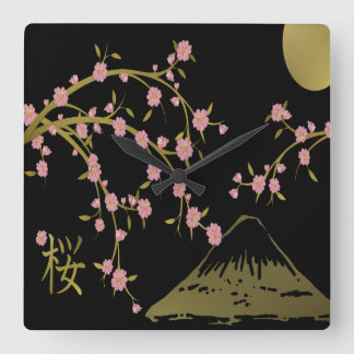 Relógio Quadrado Tela Dourada Black Japonesa Rosa Sakura