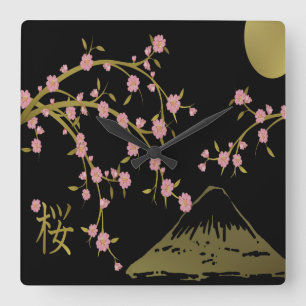 Relógio Quadrado Tela Japonesa Rosa Sakura Dourado Preto