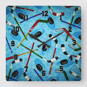 Relógio Quadrado Tema do Hóquei no Gelo Azul