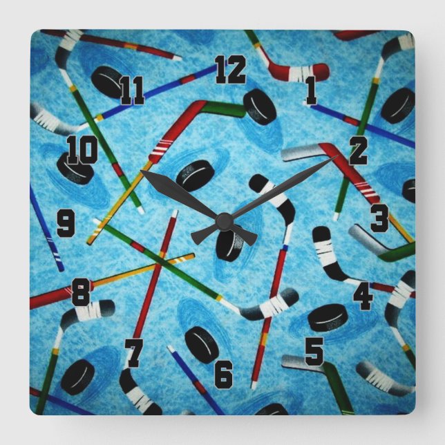 Relógio Quadrado Tema do Hóquei no Gelo Azul (Frente)