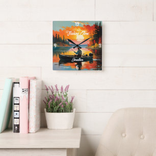 Relógio Quadrado "Tempo De Pesca" Relaxando A Cena De Pesca