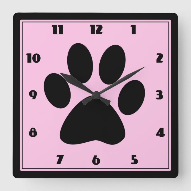 Relógio Quadrado Tempo para Pets Pink Pawprint Clock (Frente)