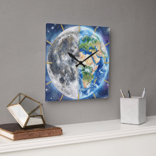 Relógio Quadrado Terra & Lua Aquarela Galáxia Design Celestial