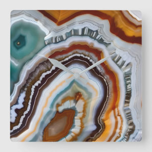 Relógio Quadrado Terracota Laranja Geodo de Ágata Branco Preto Azul