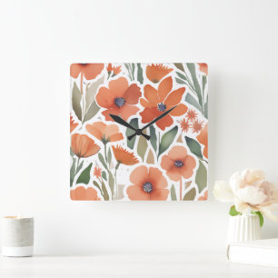 Relógio Quadrado Terracotta Wildflower Rustic Boho Wall Acentos