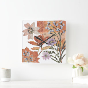 Relógio Quadrado Terracotta Wildflower Rustic Boho Wall Acentos