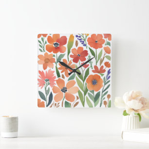Relógio Quadrado Terracotta Wildflower Rustic Boho Wall Acentos