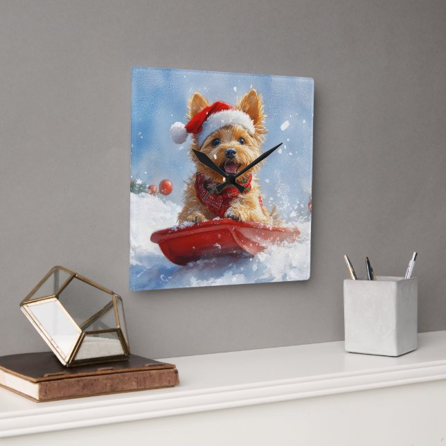 Relógio Quadrado Terrier australiano em Sledge Deixe que neve no Na (Escritório)