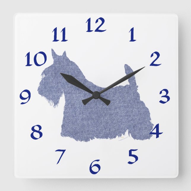 Relógio Quadrado Terrier Silhouette escocês em Denim (Frente)