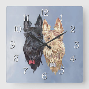 Relógio Quadrado Terriers Escoceses Pretos e Trigo