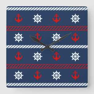 Relógio Quadrado Teste padrão branco e azul vermelho do oceano