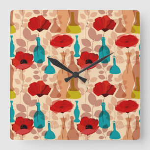 Relógio Quadrado Teste padrão das flores, dos vasos e das garrafas