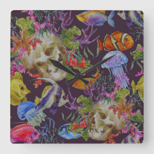 Relógio Quadrado Teste padrão do Grunge da vida marinha