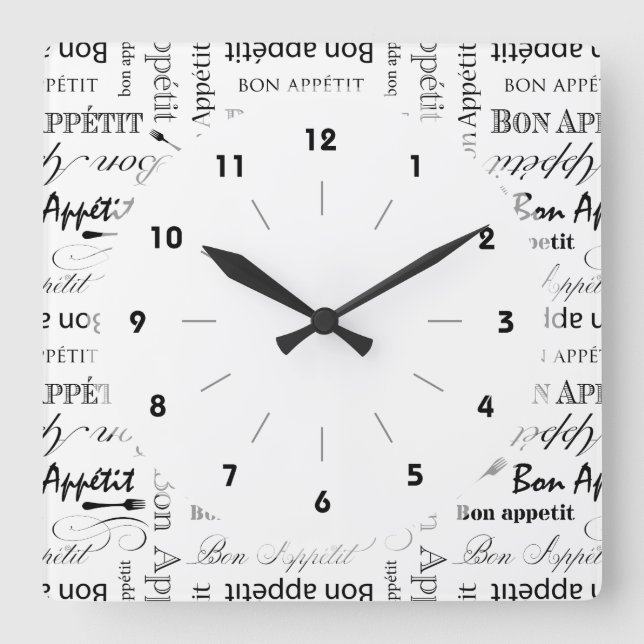 Relógio Quadrado Teste padrão preto e branco clássico de Appetit do (Frente)