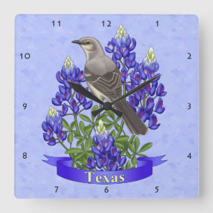 Relógio Quadrado Texas State Mockingbird & Bluebonnet Flower
