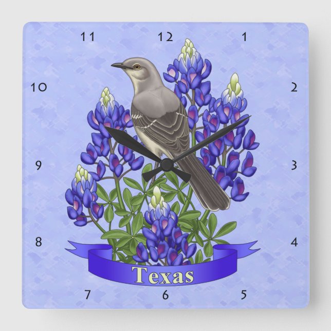 Relógio Quadrado Texas State Mockingbird & Bluebonnet Flower (Frente)