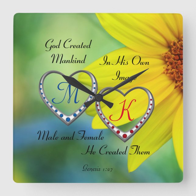 Relógio Quadrado Texto de Script de Bíblia com Monogramas de Coraçã (Frente)