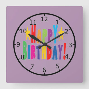 Relógio Quadrado Texto feliz de aniversário colorido