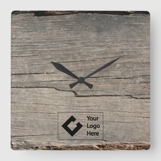 Relógio Quadrado Textura de madeira rústica com logotipo (Frente)