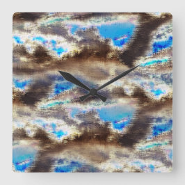 Relógio Quadrado Textura manchada azul e castanha numa lenhosa áspe