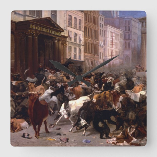 Relógio Quadrado The Bulls and Bears in the Market, 1879 (Frente)