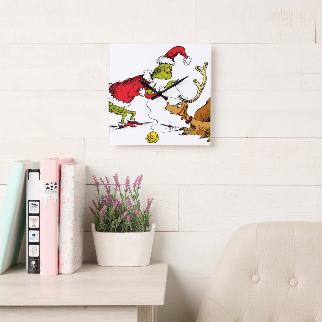 Relógio Quadrado The Grinch Prepares Max the Reindeer (Sala de leitura)