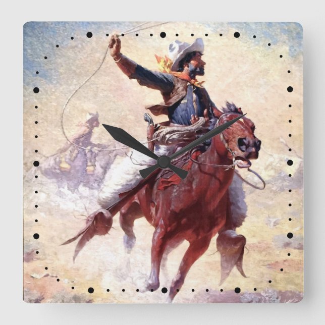 Relógio Quadrado The Roping 1914 Range Cowboy William R Leigh (Frente)