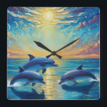 Relógio Quadrado Three dolphins Wall Clock<br><div class="desc">Three dolphins jump over the sea. The sun is shining. Multi-colored clouds run across the sky.</div>