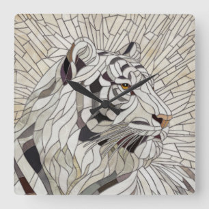 Relógio Quadrado Tigre branco - Arte Digital Mosaica de Vidro Estre