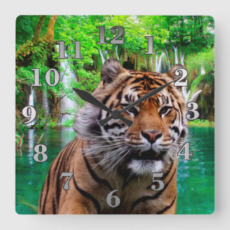 Relógio Quadrado Tigre e cachoeira