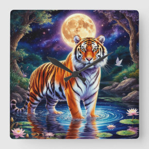Relógio Quadrado Tigre Majestoso em uma Paisagem Fantástica ao Luar