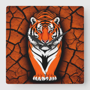 Relógio Quadrado Tigre Ousado em Fundo de Terra Rachada