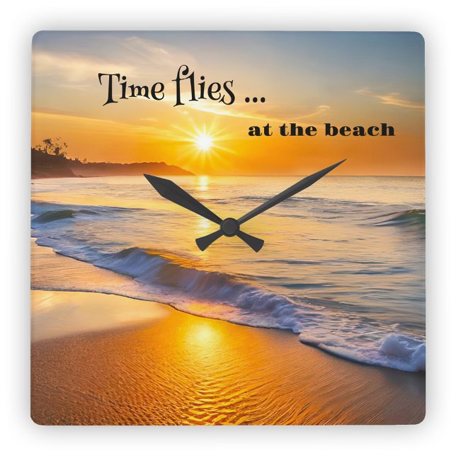 Relógio Quadrado Time Flies Beach Sunset (Classic design wall clock featuring a sunset on the beach)