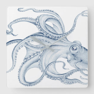Relógio Quadrado Tinta Kraken de Octopus Cephalopod Azul