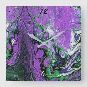 Relógio Quadrado Tintas de abstrato púrpura e verde