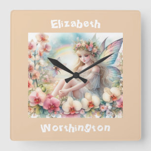 Relógio Quadrado Típica de fada floral de aquarela rosa