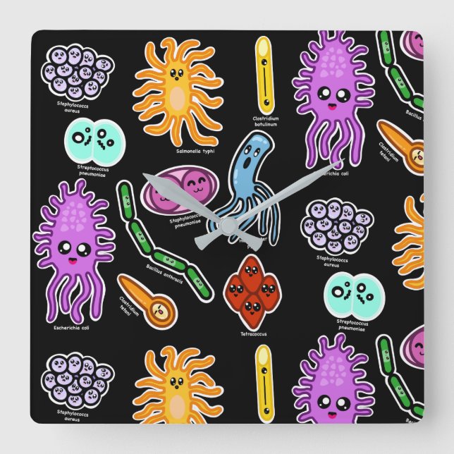 Relógio Quadrado Tipos De Bactérias (Frente)
