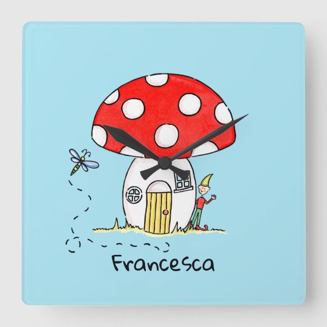 Relógio Quadrado Toadstool Personalizada, Elf & Dragonfly (Frente)