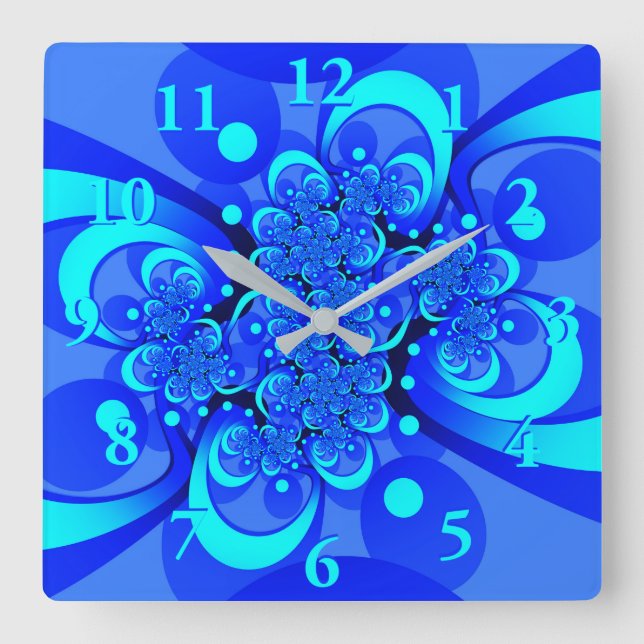 Relógio Quadrado Tons de Azul Arte Fractal Abstrata Moderna (Frente)