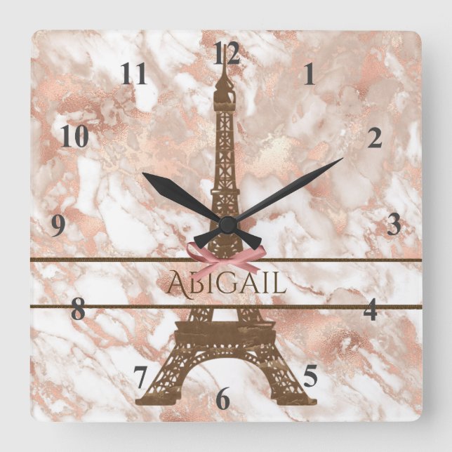 Relógio Quadrado Torre Eiffel Personalizada Branco, Rosa Dourado Ma (Frente)