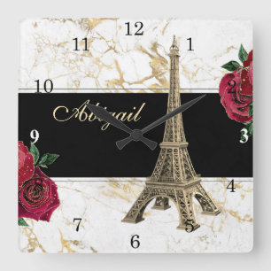 Relógio Quadrado Torre Eiffel Personalizada Dourada, Rosa de mármor