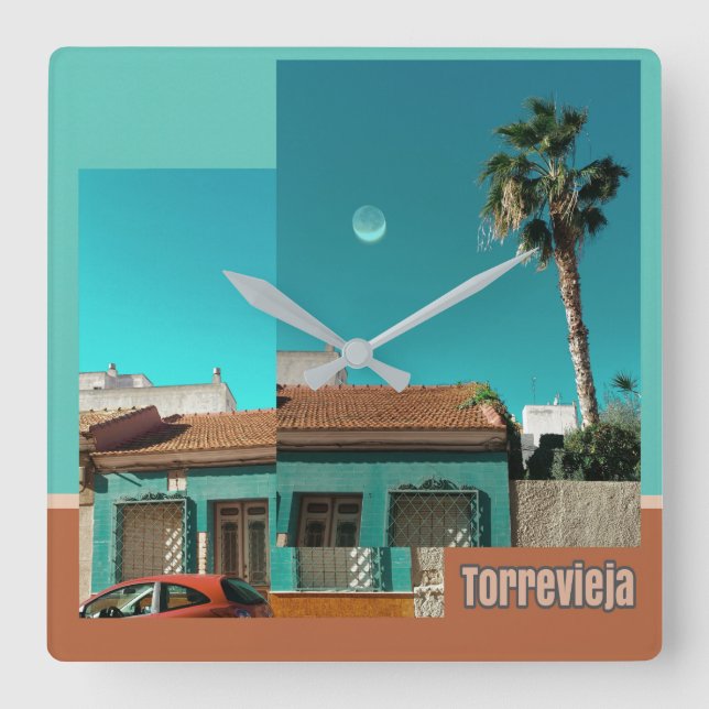 Relógio Quadrado Torrevieja em Laranja e Turquesa (Frente)