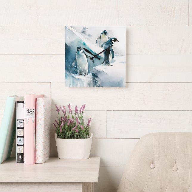 Relógio Quadrado Trabalho de arte de Pinguins Reproduzíveis com Aqu (Sala de leitura)