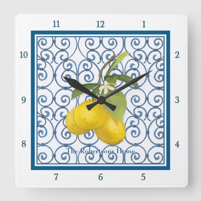 Relógio Quadrado Trellis Scroll Lemon Branch Personalizado Azul (Frente)
