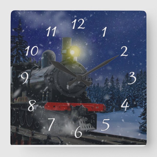 Relógio Quadrado Trem de Natal na neve      (Frente)