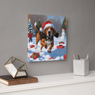 Relógio Quadrado Tremendo Walker Coonhound Snow com Chapéu de Natal