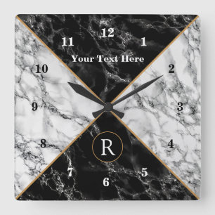 Relógio Quadrado Trendy Black & White Check Marble -Add Text/Letter