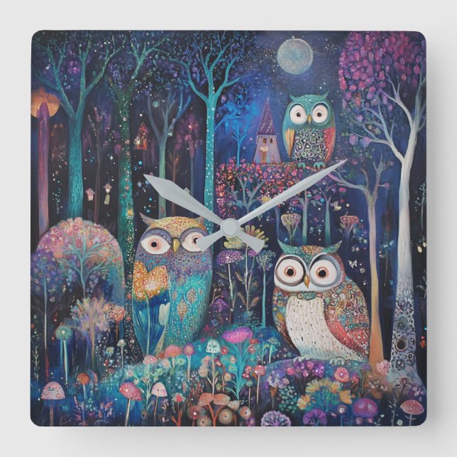 Relógio Quadrado Três Corujas Sob A Lua Completa (Frente)